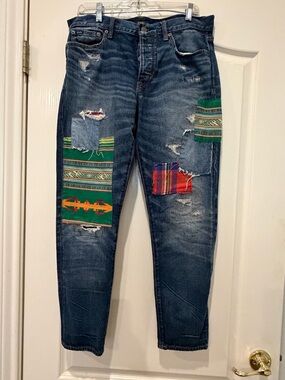 Ralph Lauren Avery Boyfriend Size 29 Blue Button-Fly Patch Denim Jeans